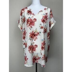 Paisley Grace Women’s XL Off White Floral Short Sleeves Notched V-Neck NWT
